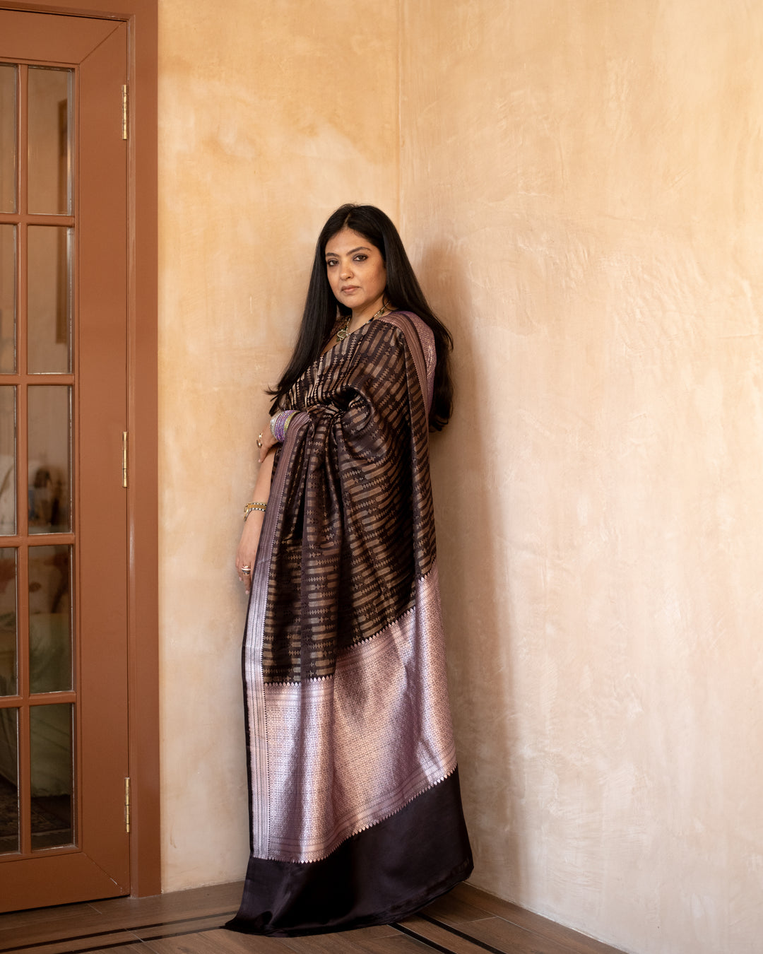 Anjana - Mehndi Brown Satin Silk Mashroo Banarasi Saree