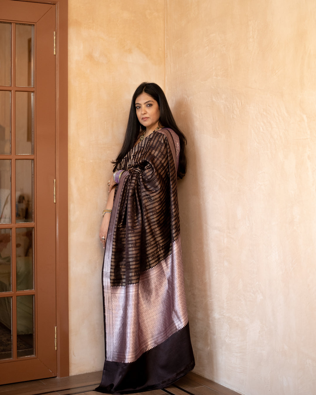 Anjana - Mehndi Brown Satin Silk Mashroo Banarasi Saree