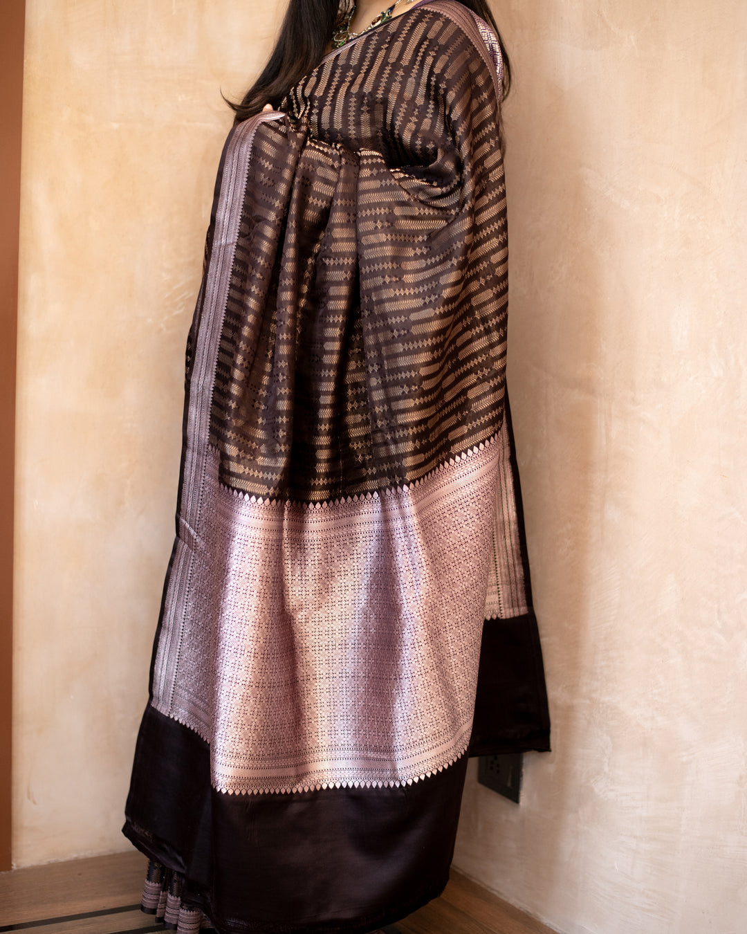 Anjana - Mehndi Brown Satin Silk Mashroo Banarasi Saree
