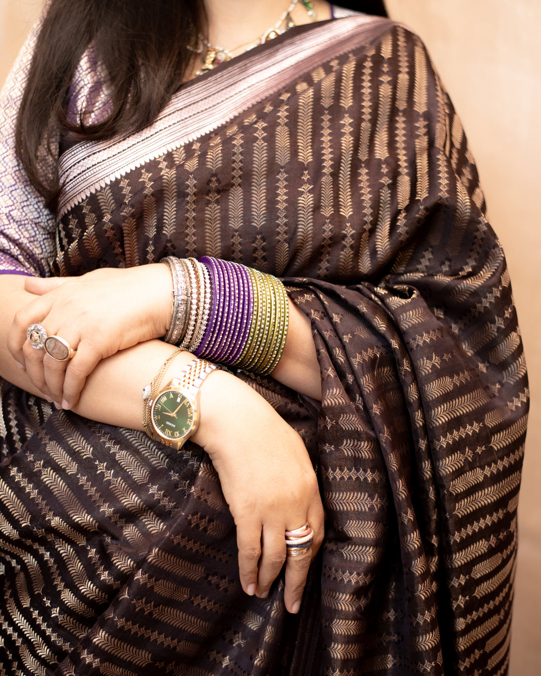 Anjana - Mehndi Brown Satin Silk Mashroo Banarasi Saree