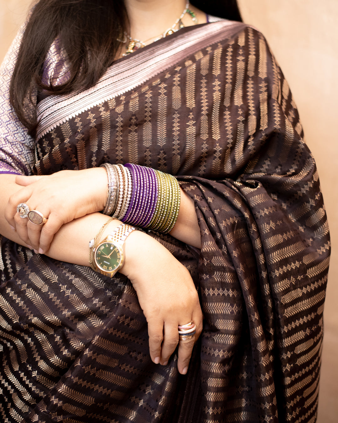 Anjana - Mehndi Brown Satin Silk Mashroo Banarasi Saree