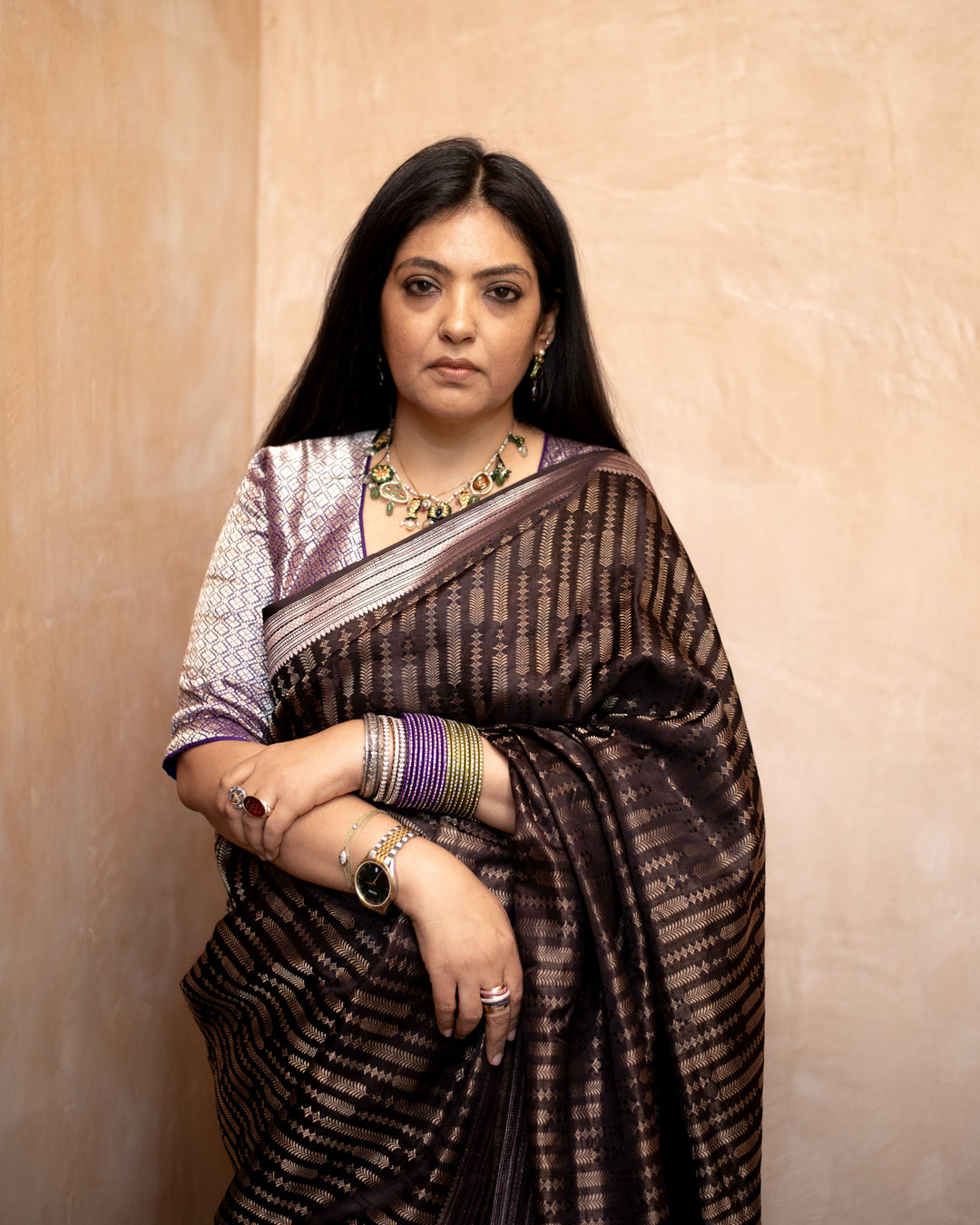 Anjana - Mehndi Brown Satin Silk Mashroo Banarasi Saree