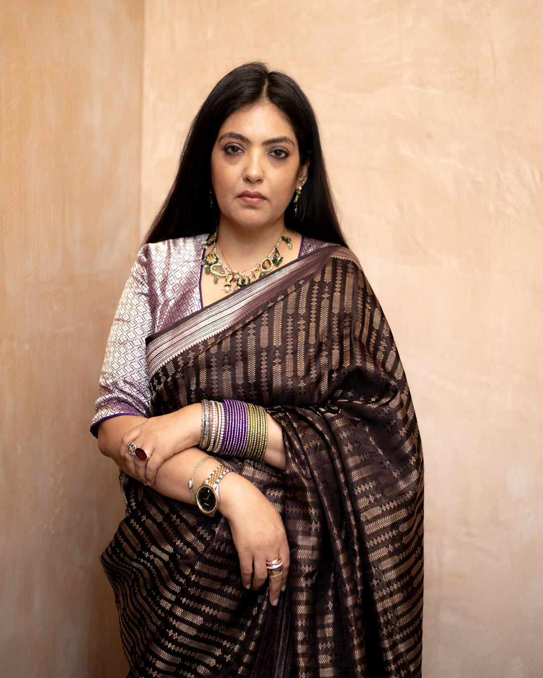 Anjana - Mehndi Brown Satin Silk Mashroo Banarasi Saree