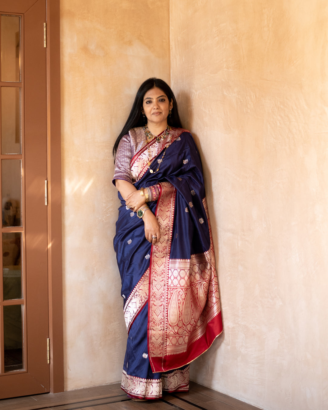 Keshavi - Navy Blue Silk Katan Banarasi Saree