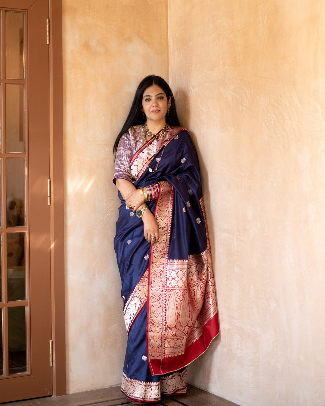 Keshavi - Navy Blue Silk Katan Banarasi Saree