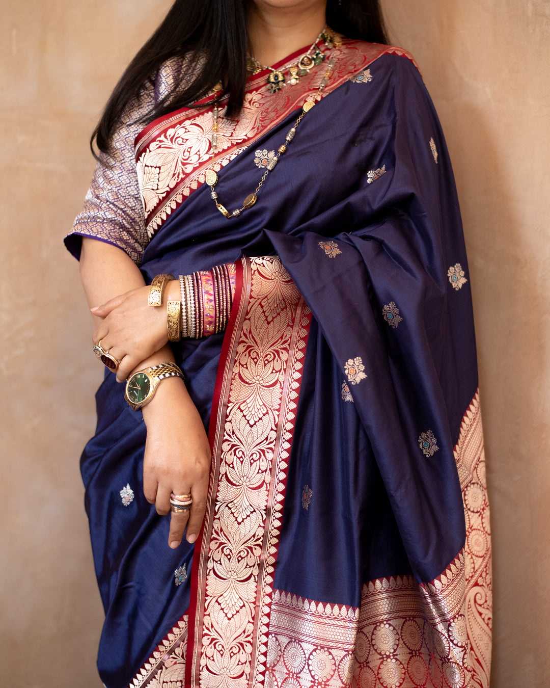 Keshavi - Navy Blue Silk Katan Banarasi Saree