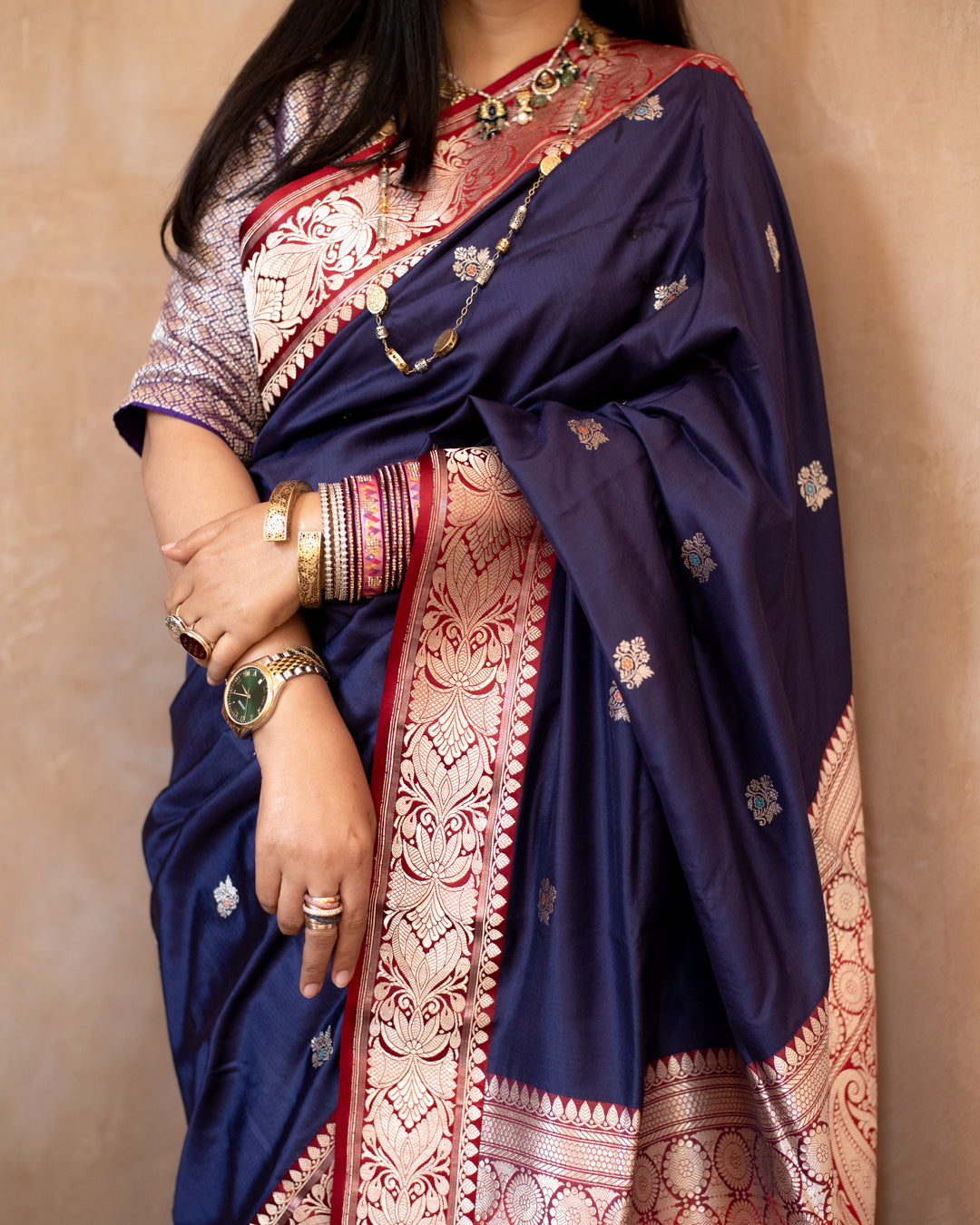 Keshavi - Navy Blue Silk Katan Banarasi Saree