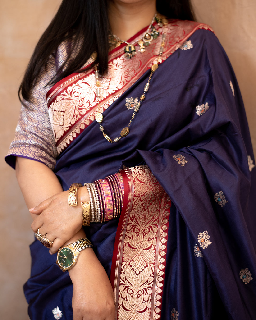 Keshavi - Navy Blue Silk Katan Banarasi Saree