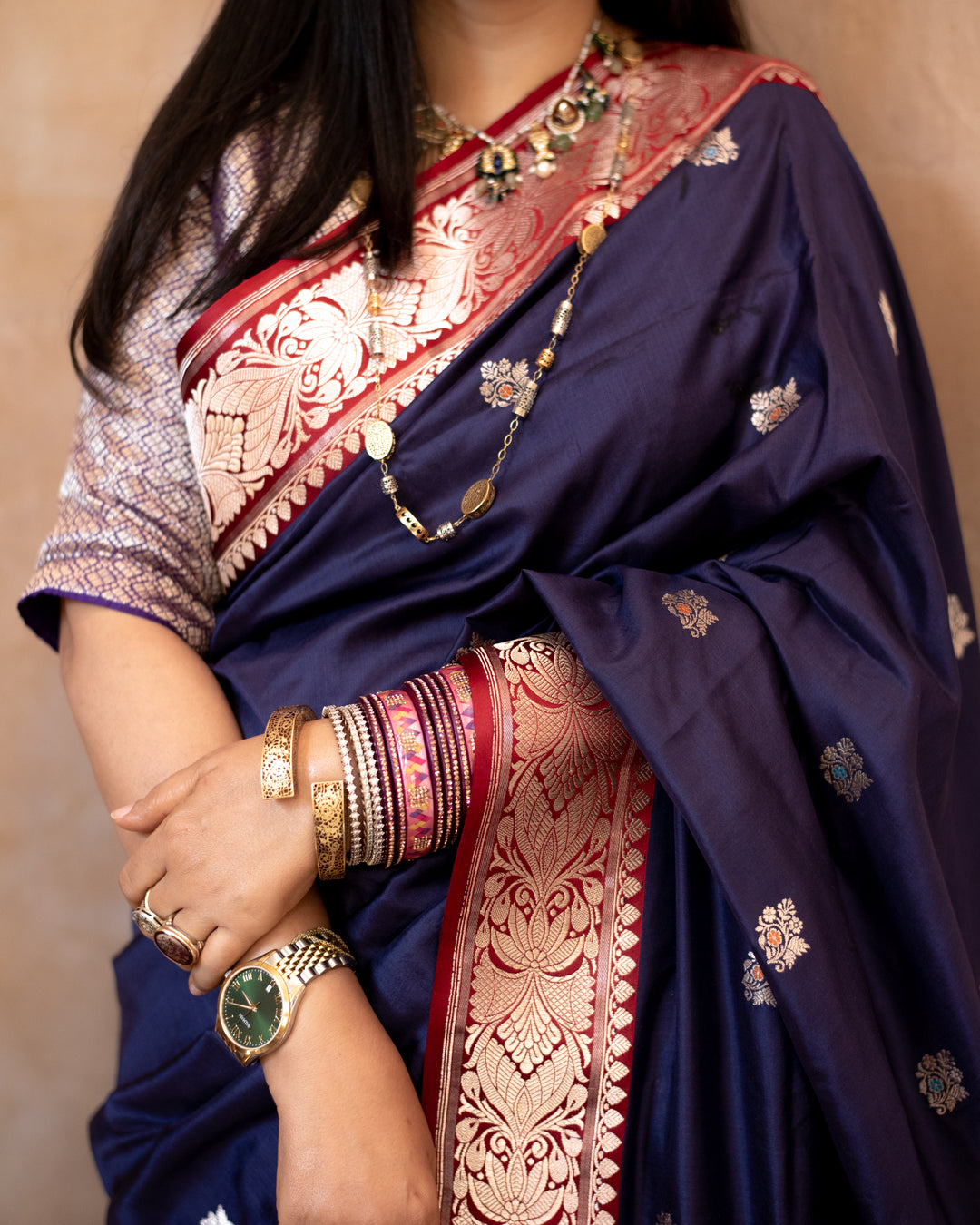 Keshavi - Navy Blue Silk Katan Banarasi Saree