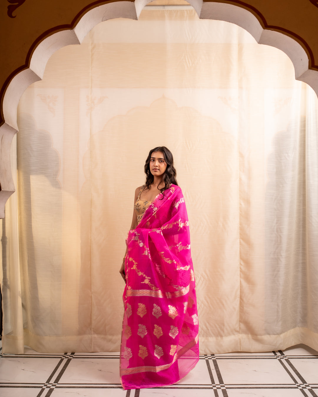 Manik- Indian Pink Silk Organza Banarasi Saree