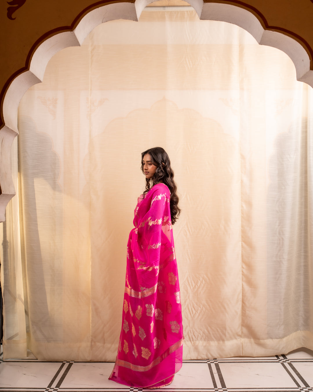 Manik- Indian Pink Silk Organza Banarasi Saree