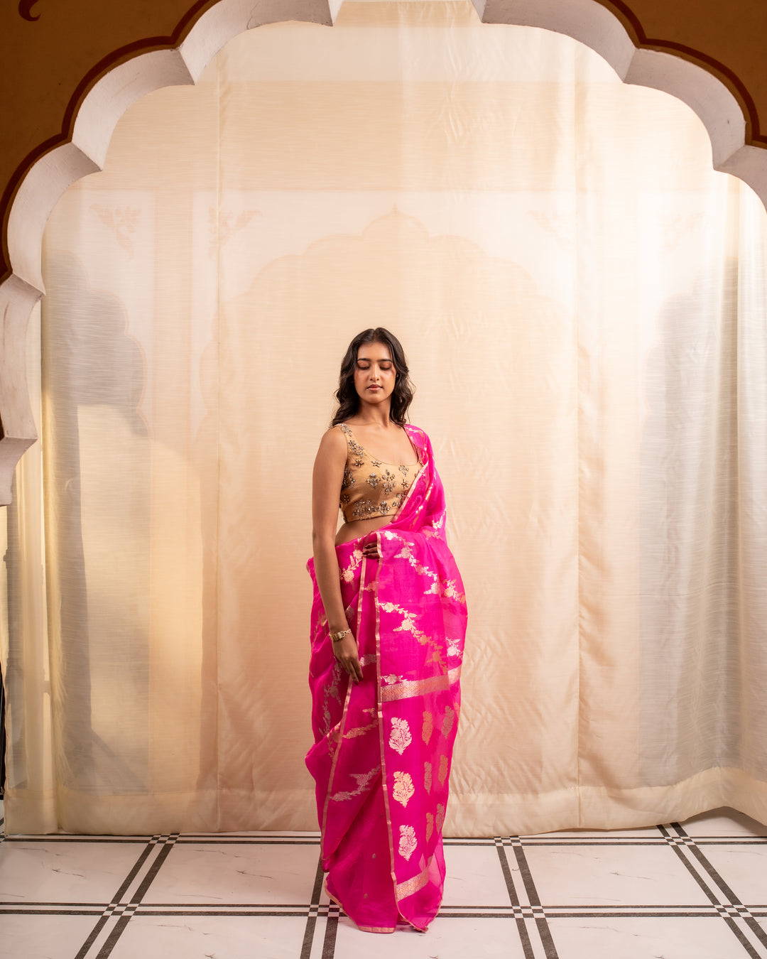 Manik- Indian Pink Silk Organza Banarasi Saree