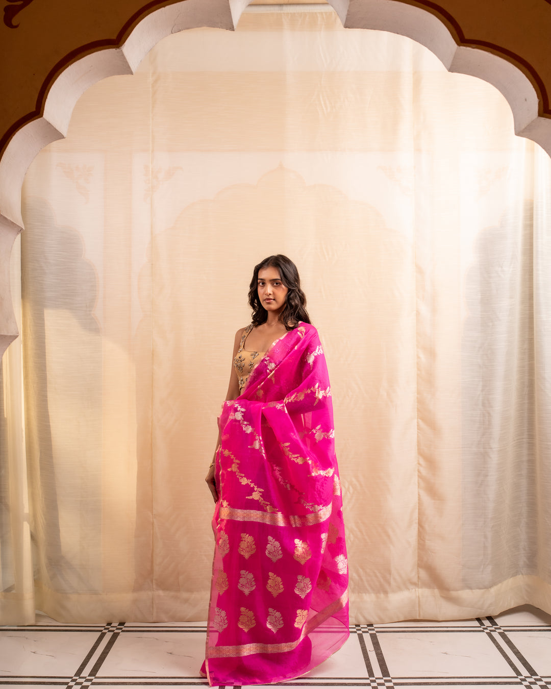 Manik- Indian Pink Silk Organza Banarasi Saree