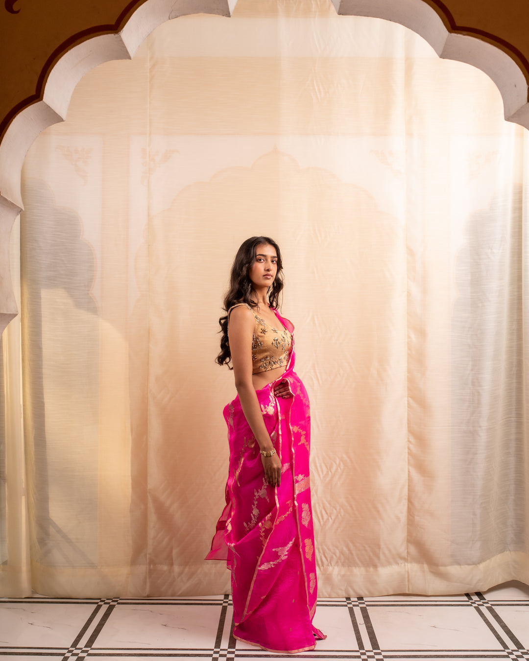 Manik- Indian Pink Silk Organza Banarasi Saree