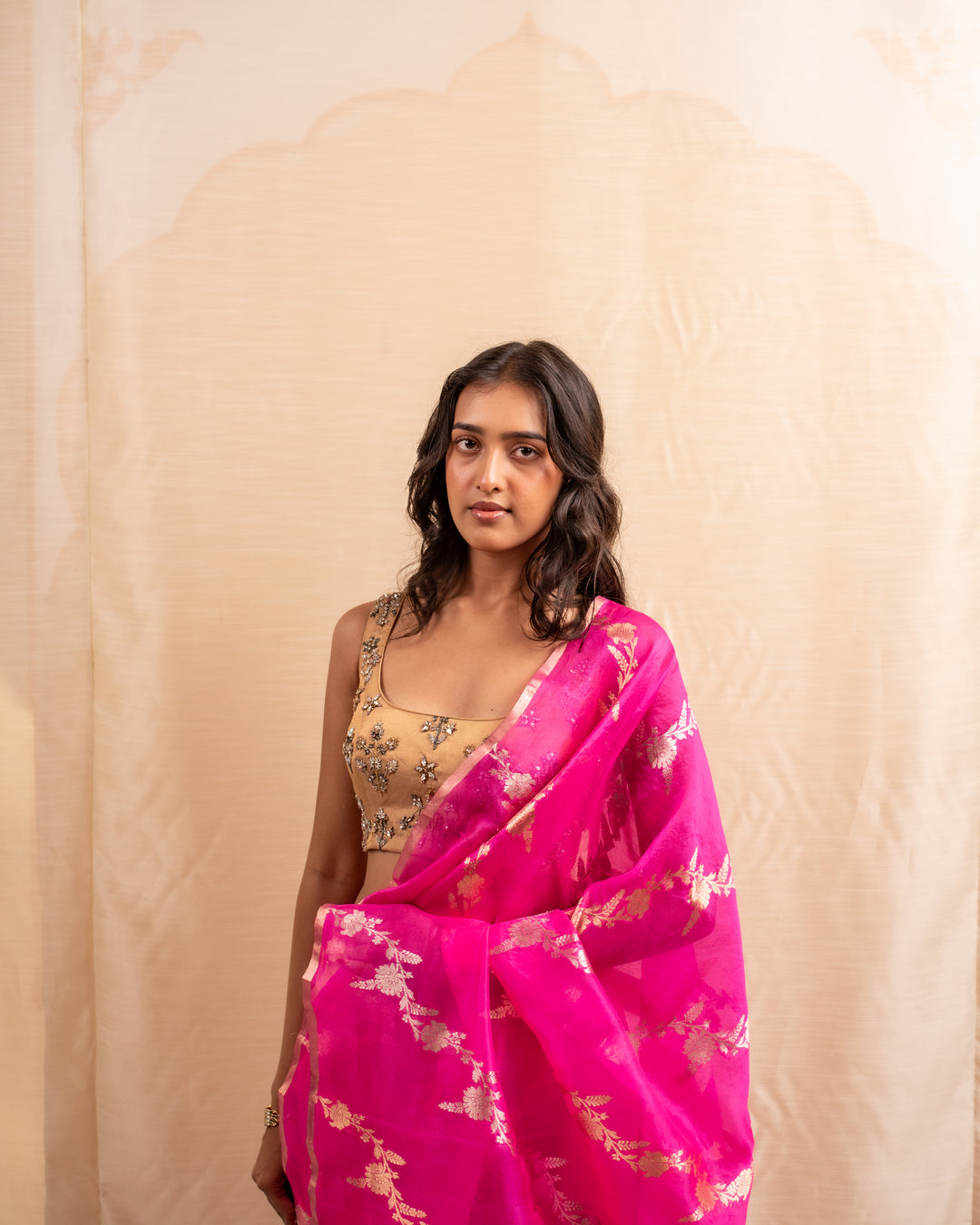 Manik- Indian Pink Silk Organza Banarasi Saree