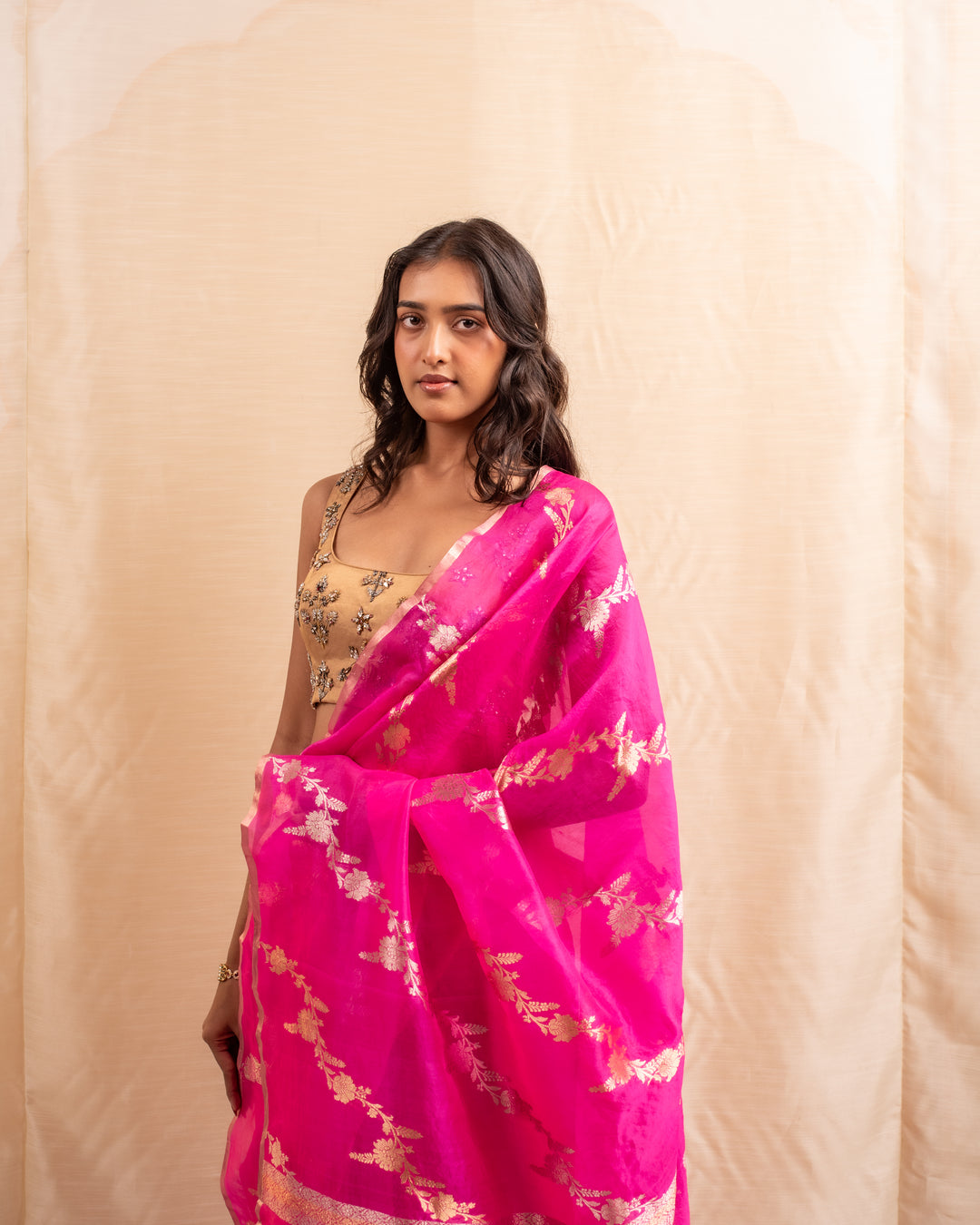 Manik- Indian Pink Silk Organza Banarasi Saree