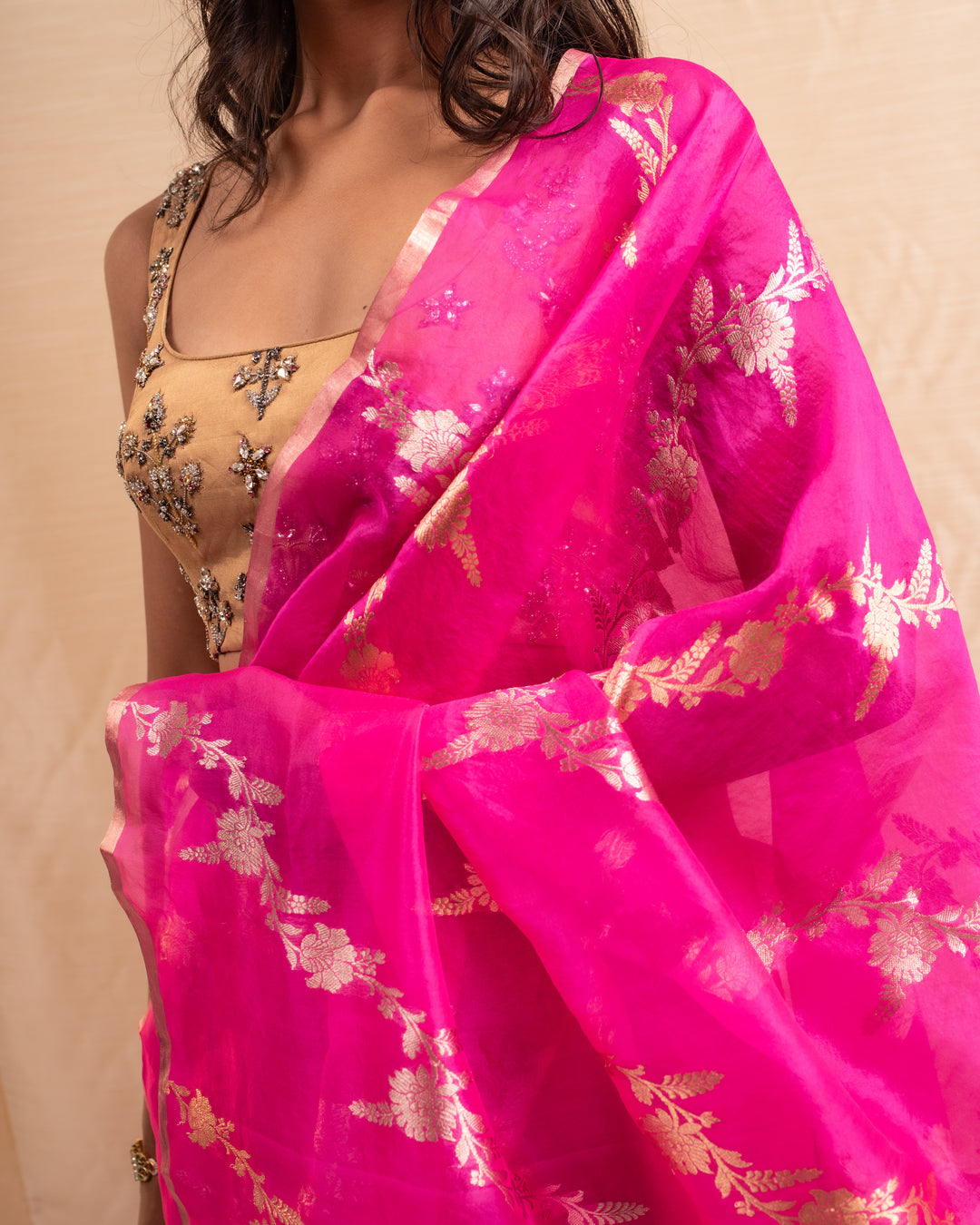 Manik- Indian Pink Silk Organza Banarasi Saree