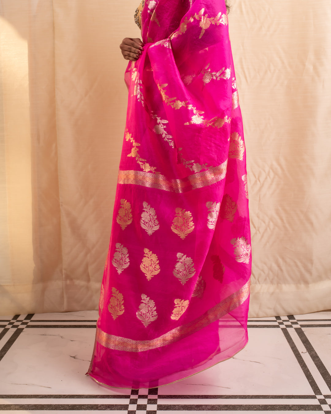 Manik- Indian Pink Silk Organza Banarasi Saree