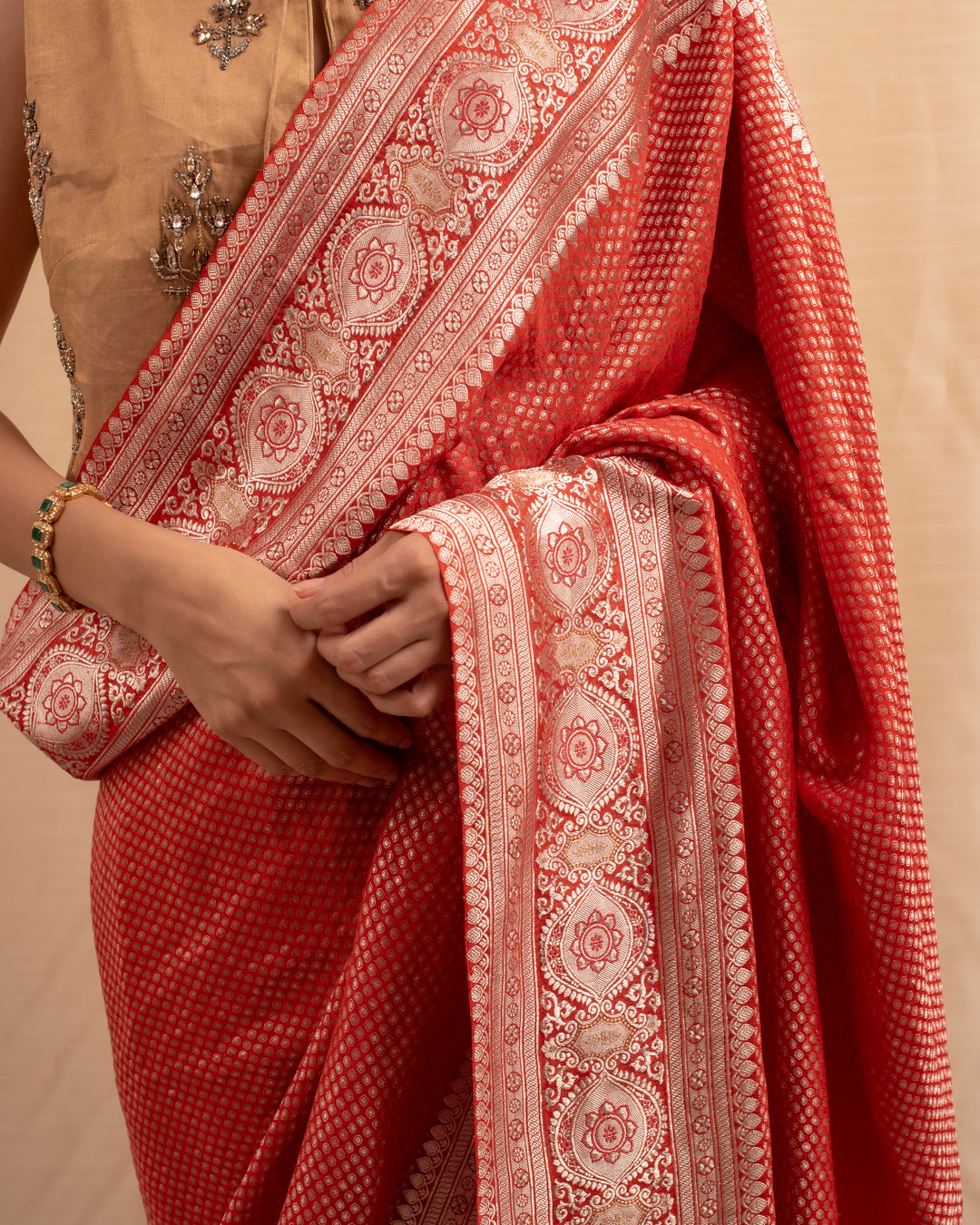 Gerua- Burnt Orange Silk Georgette Brocade Saree