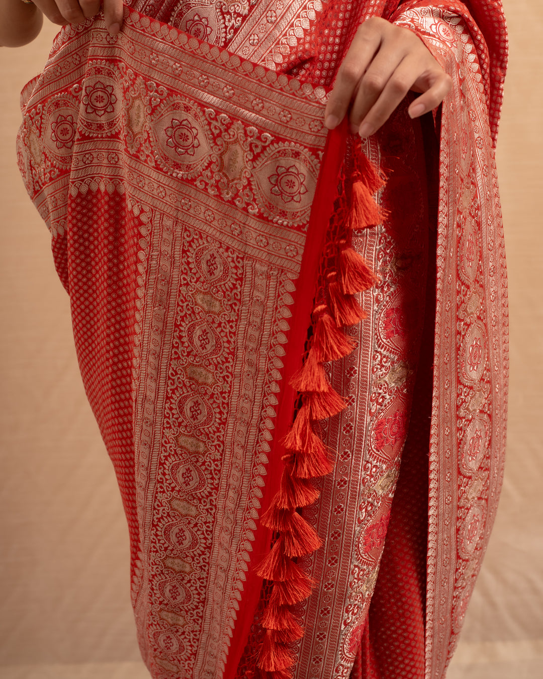 Gerua- Burnt Orange Silk Georgette Brocade Saree