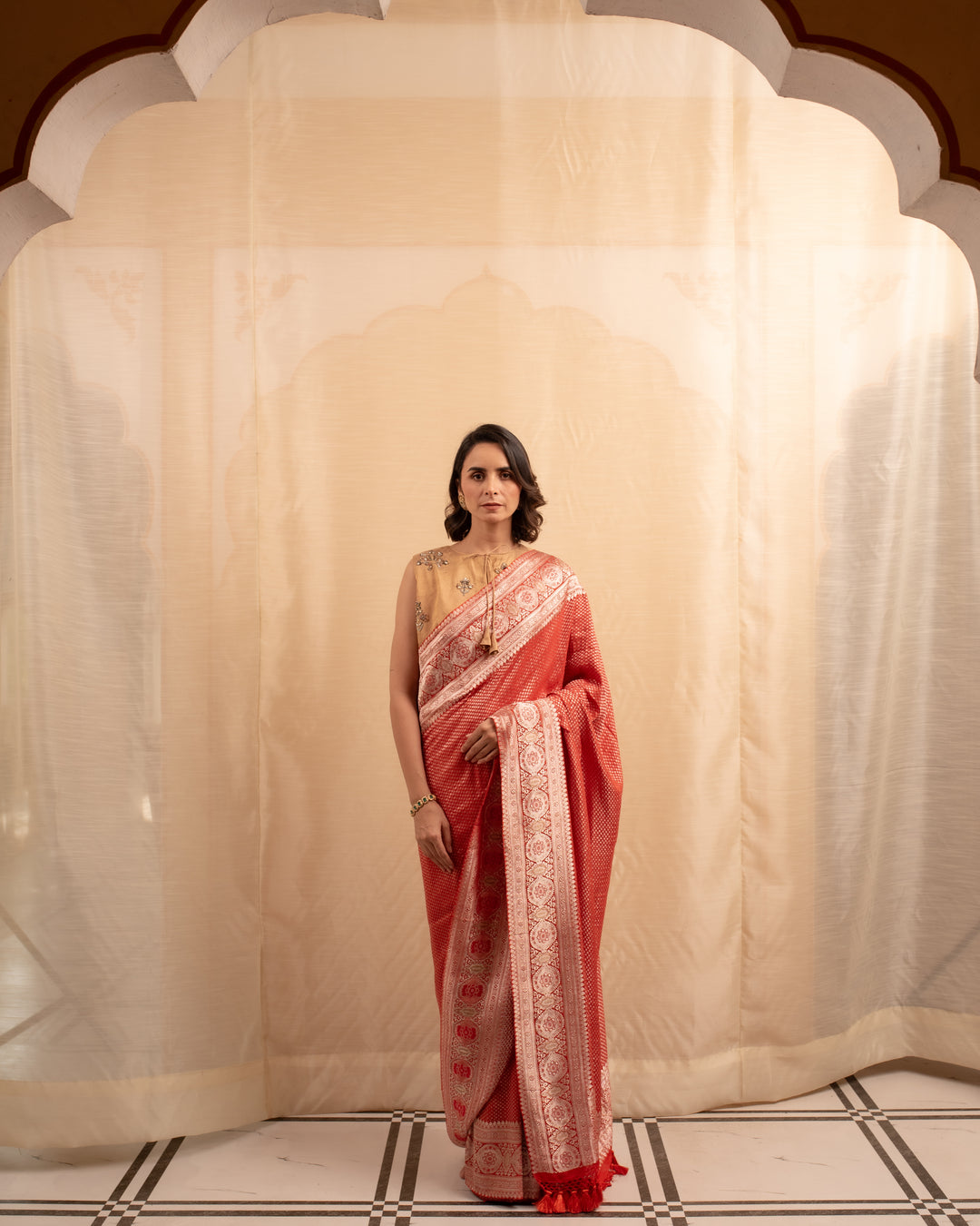 Gerua- Burnt Orange Silk Georgette Brocade Saree