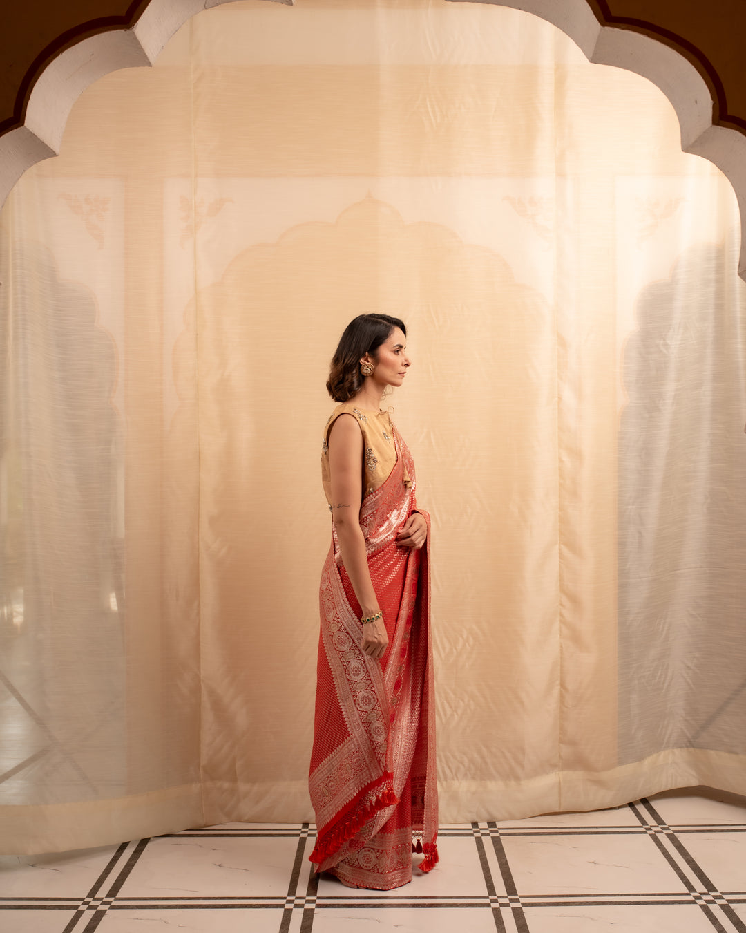 Gerua- Burnt Orange Silk Georgette Brocade Saree