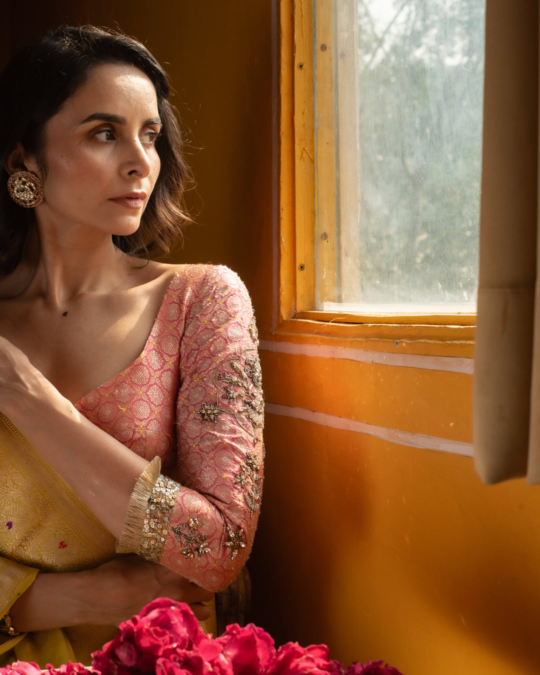 Rukmini- Coral Silk Brocade Blouse