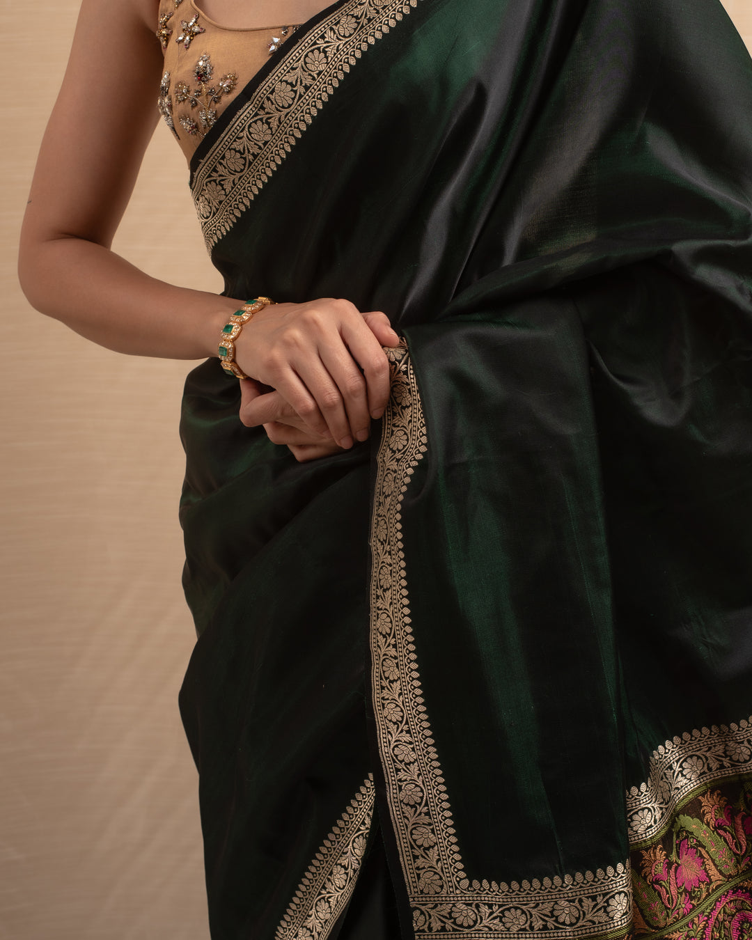 Rukma- Deep Green Mashroo Silk Banarasi Saree