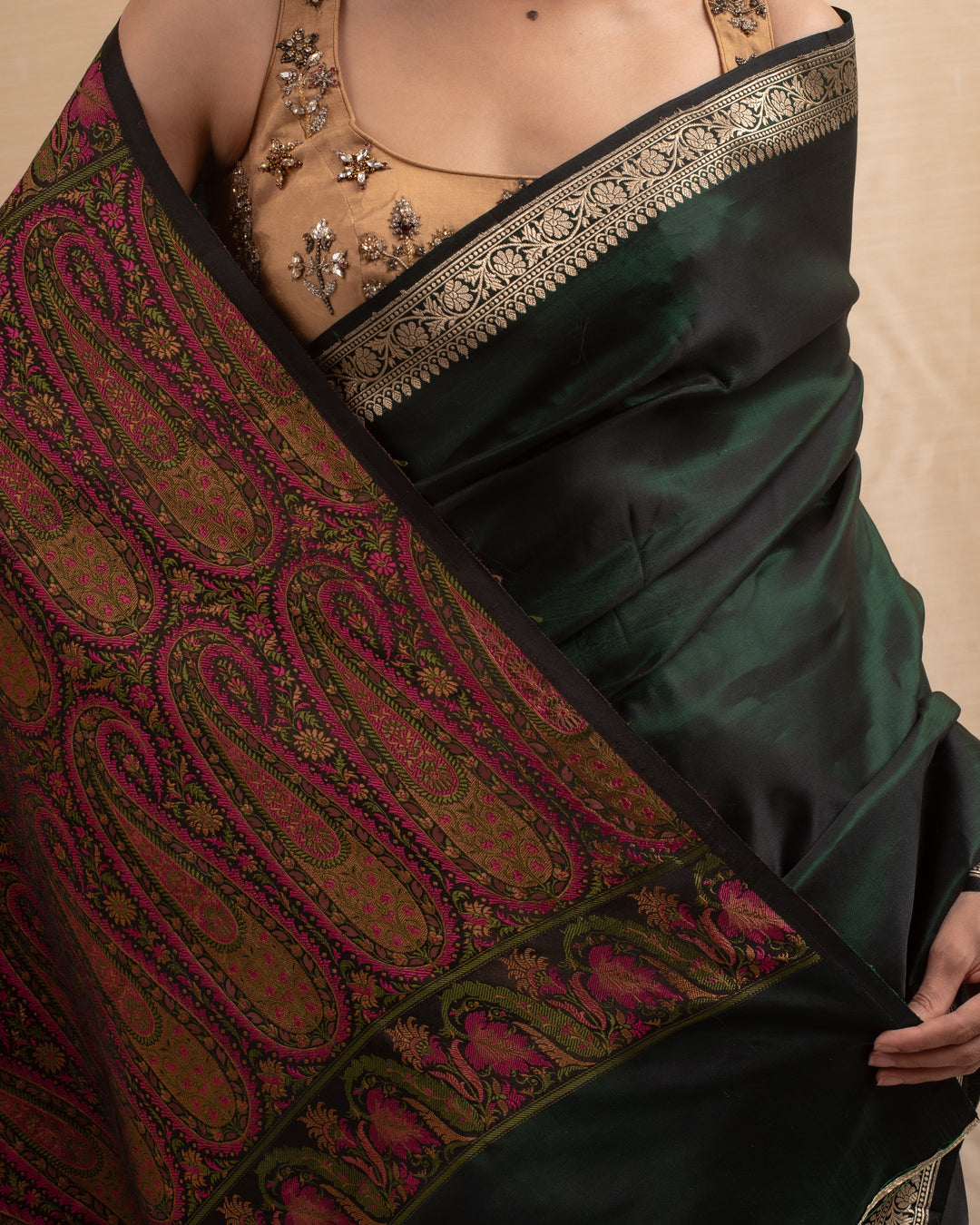 Rukma- Deep Green Mashroo Silk Banarasi Saree