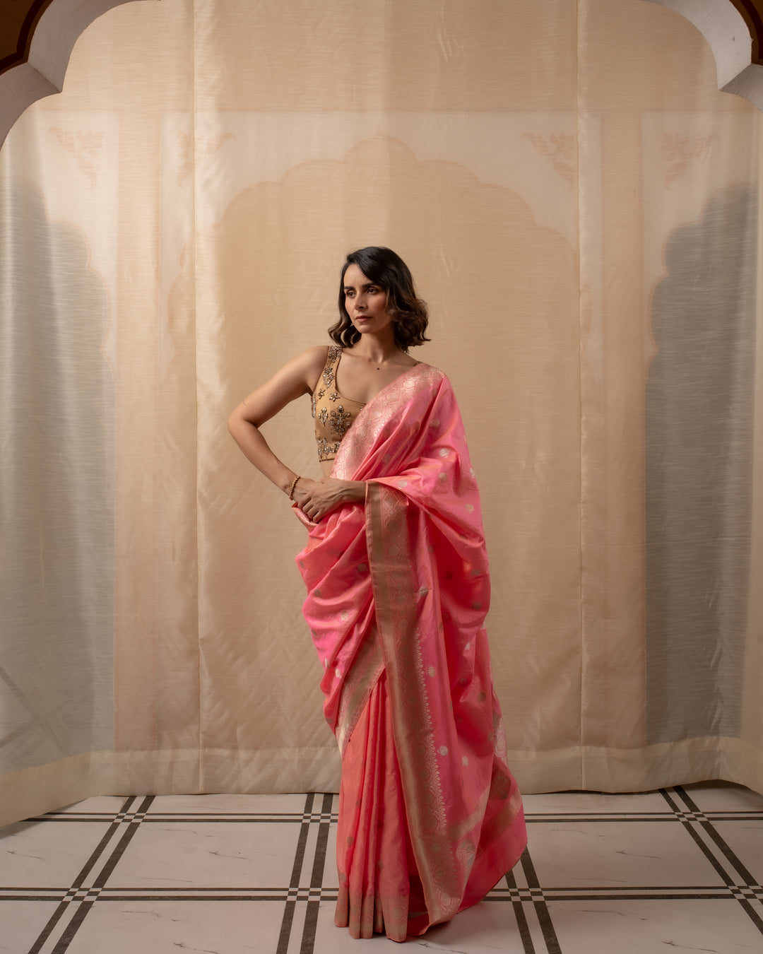 Surangini- Coral Pink Silk Brocade Banarasi Saree