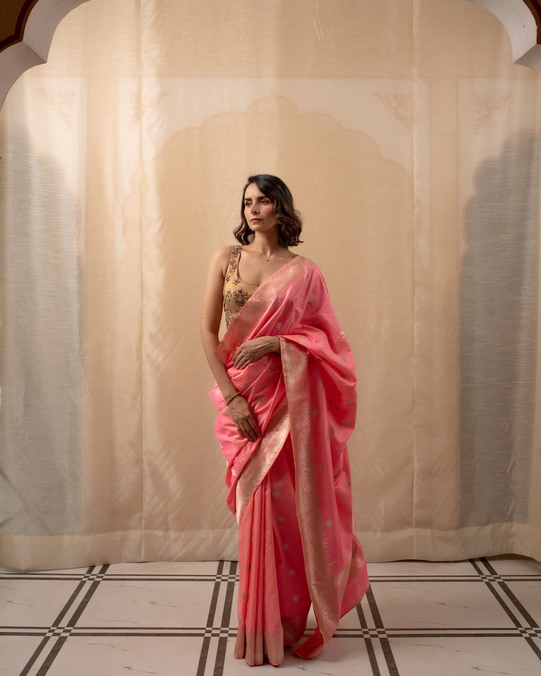 Surangini- Coral Pink Silk Brocade Banarasi Saree