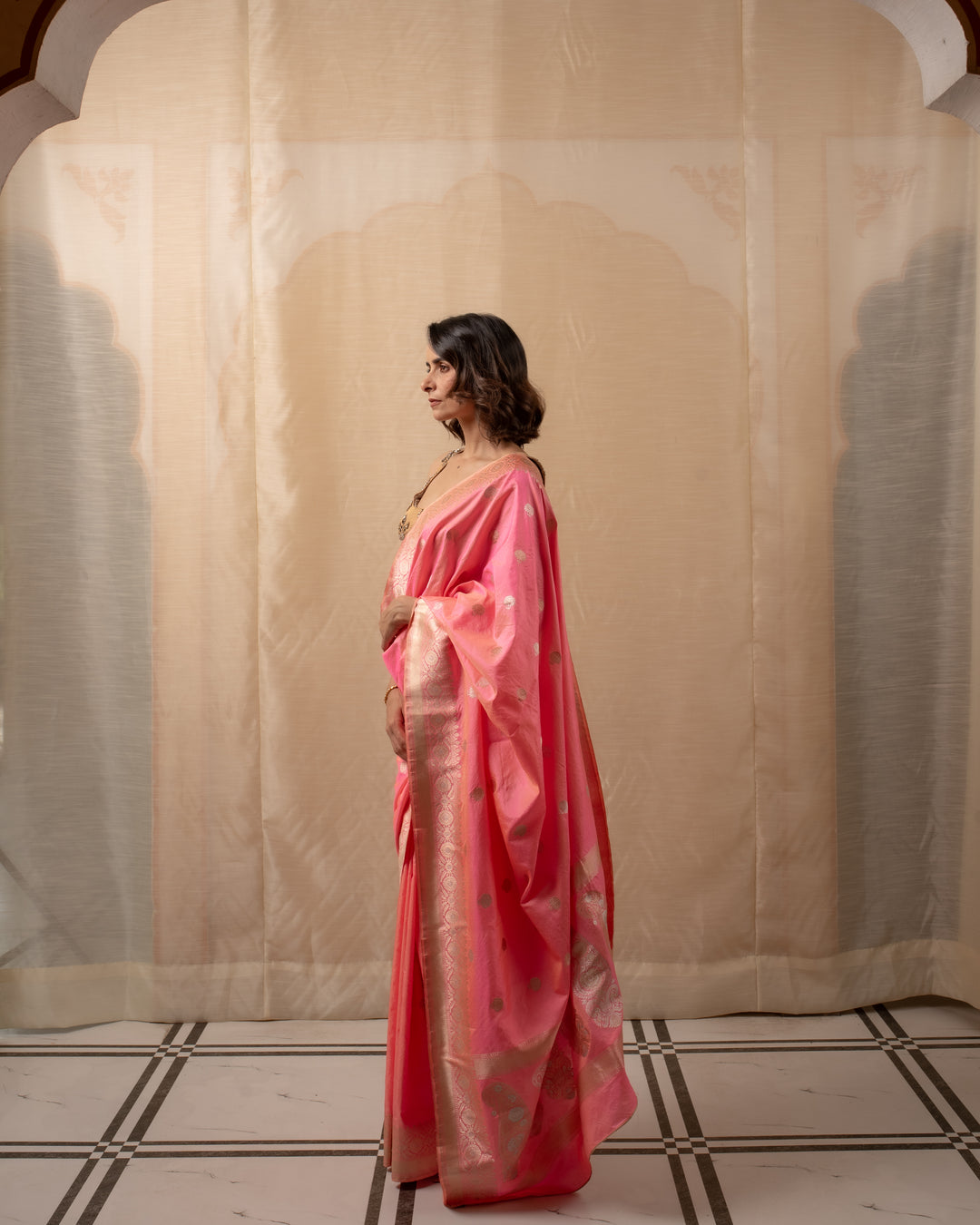 Surangini- Coral Pink Silk Brocade Banarasi Saree