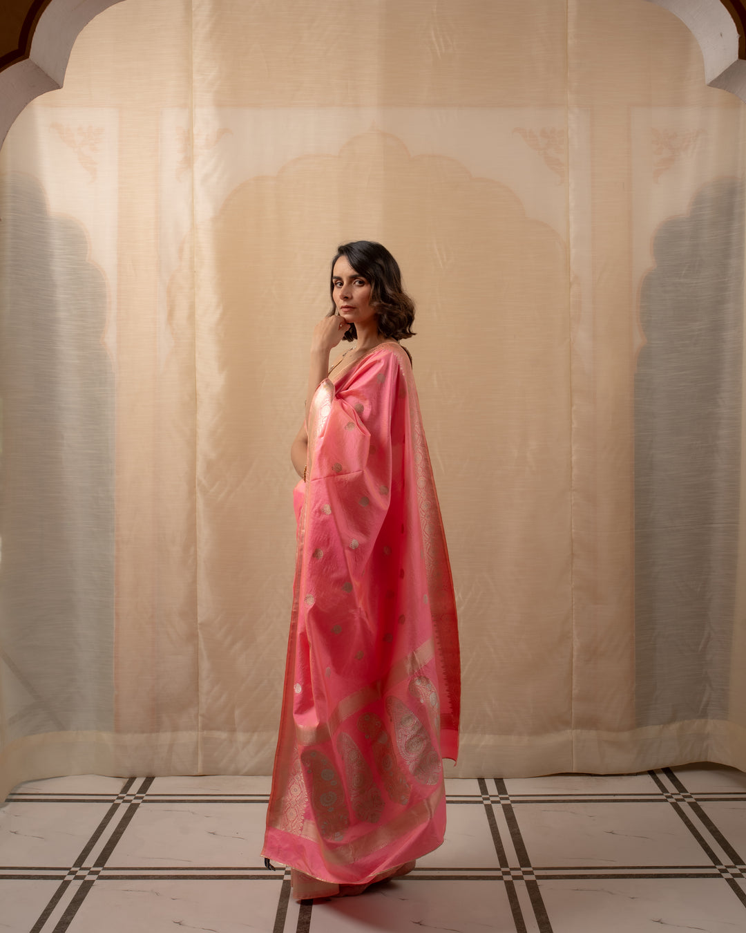 Surangini- Coral Pink Silk Brocade Banarasi Saree