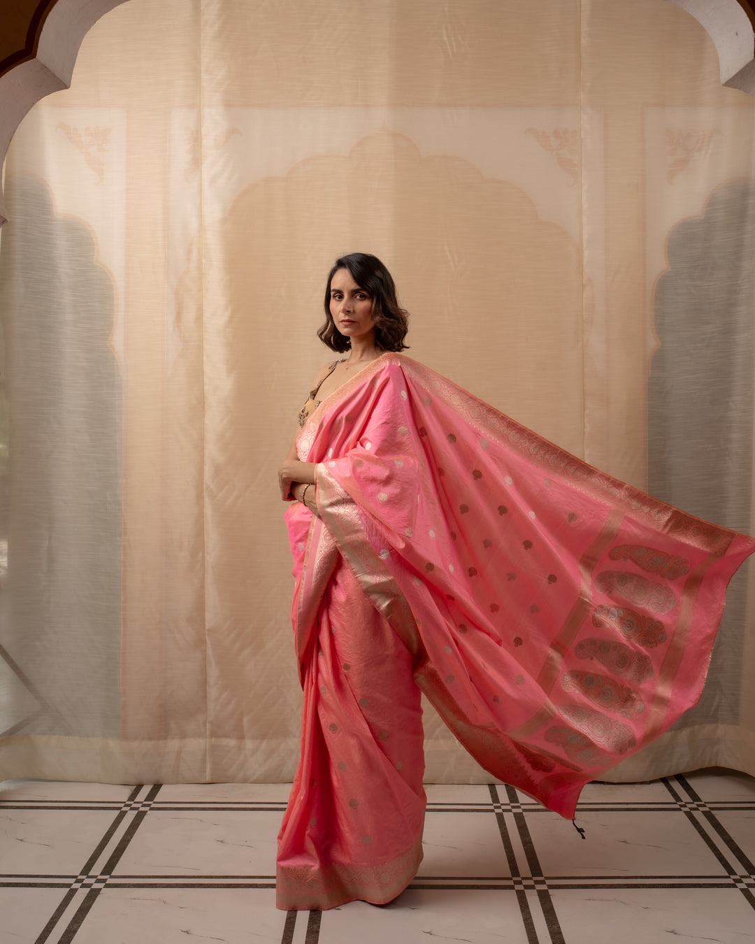 Surangini- Coral Pink Silk Brocade Banarasi Saree