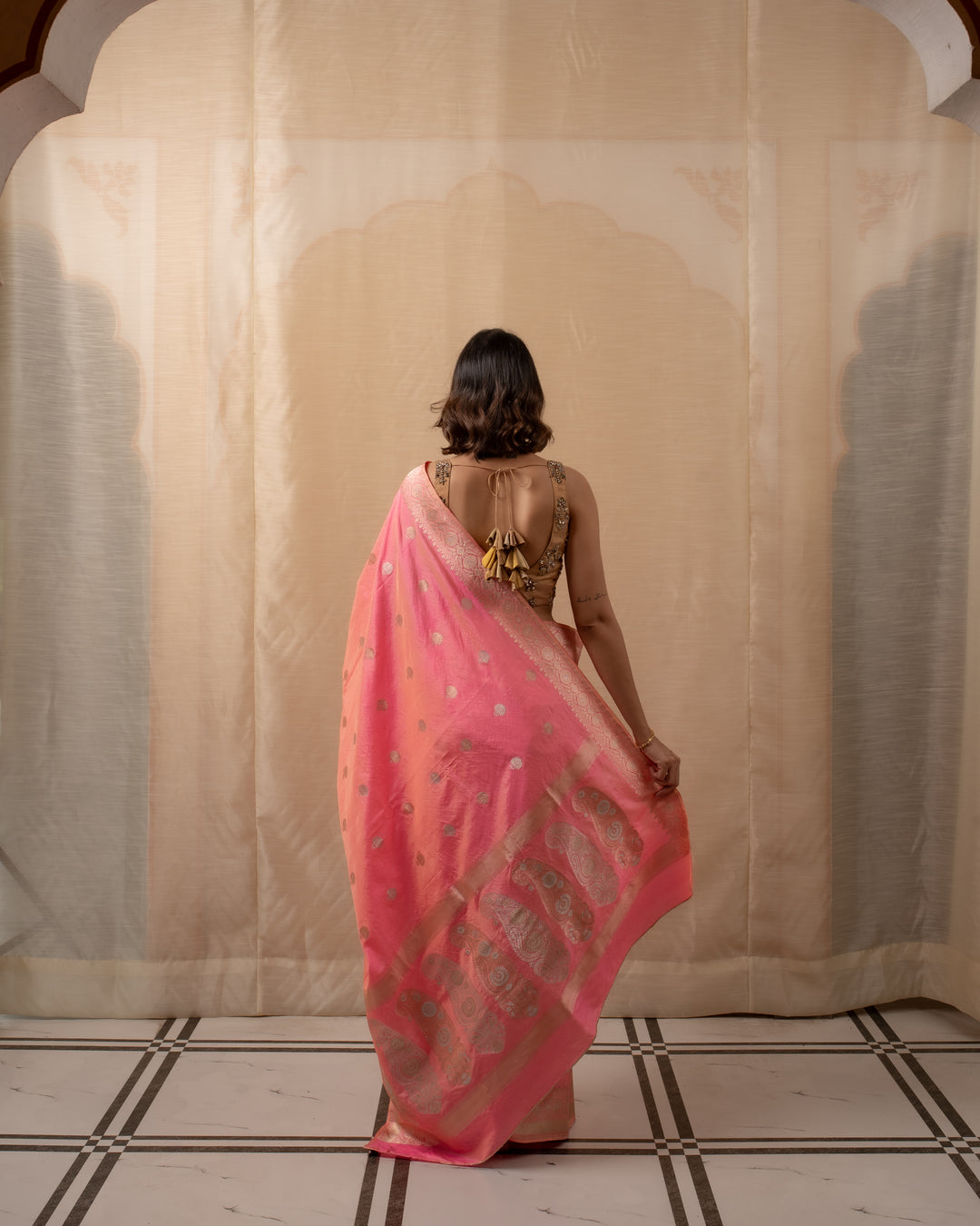 Surangini- Coral Pink Silk Brocade Banarasi Saree