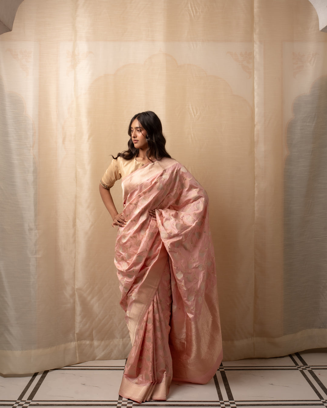 Gulabi Chandi- Nude Pink Silk Brocade Banarasi Saree