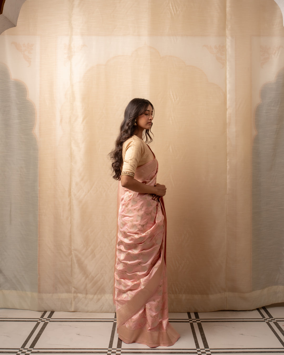 Gulabi Chandi- Nude Pink Silk Brocade Banarasi Saree