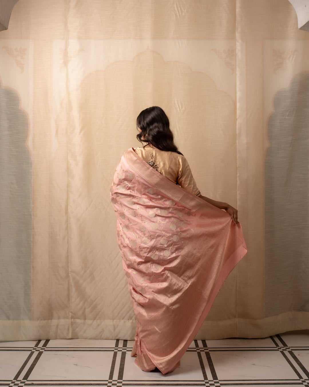 Gulabi Chandi- Nude Pink Silk Brocade Banarasi Saree