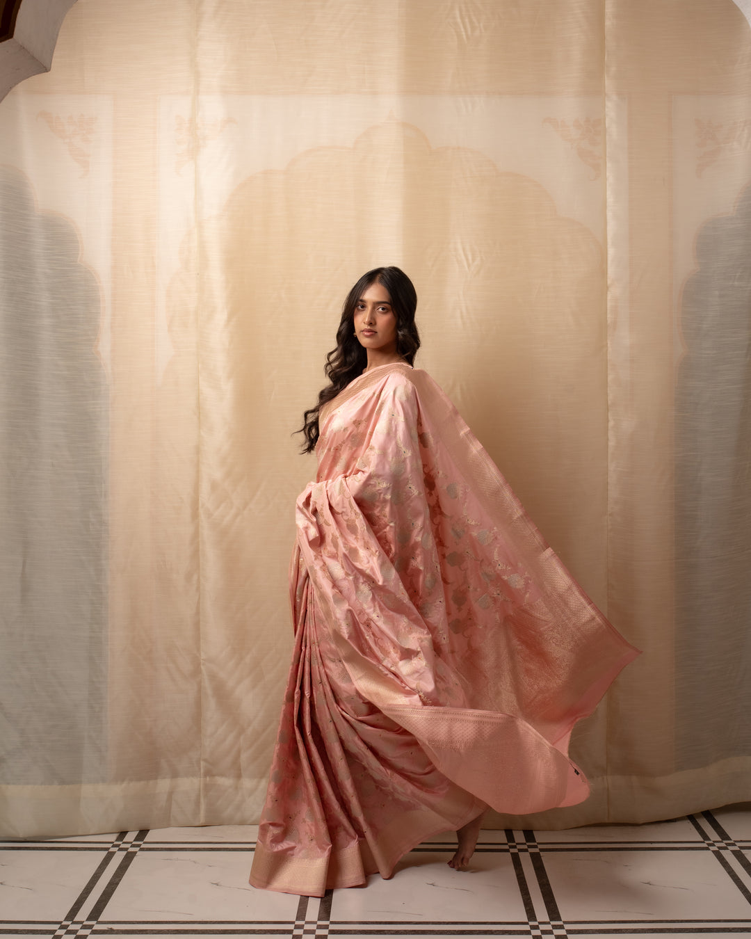 Gulabi Chandi- Nude Pink Silk Brocade Banarasi Saree