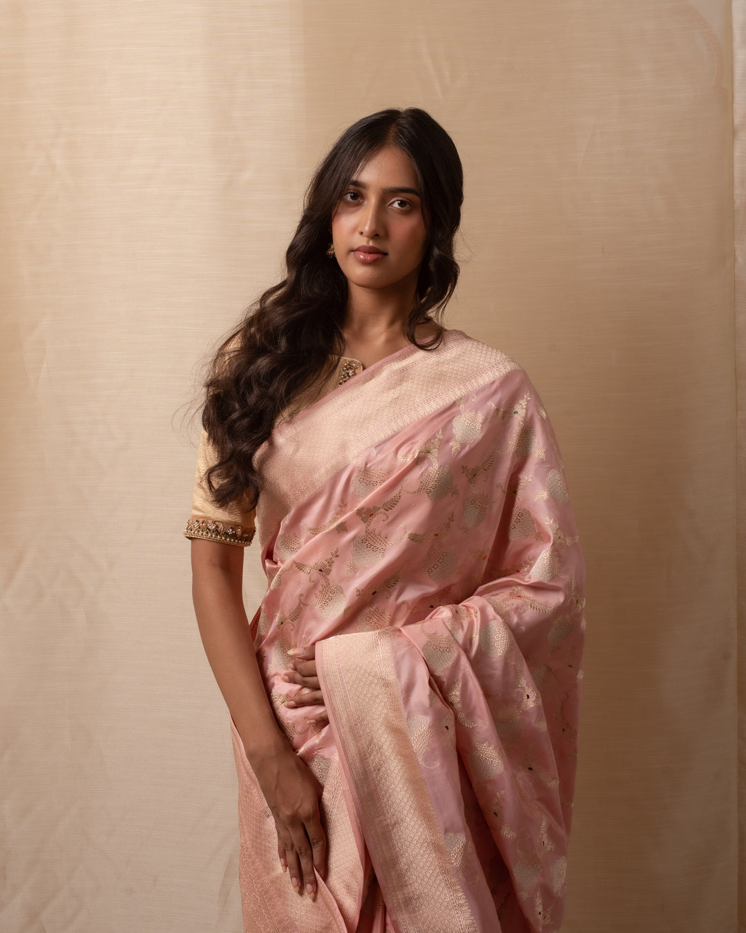 Gulabi Chandi- Nude Pink Silk Brocade Banarasi Saree