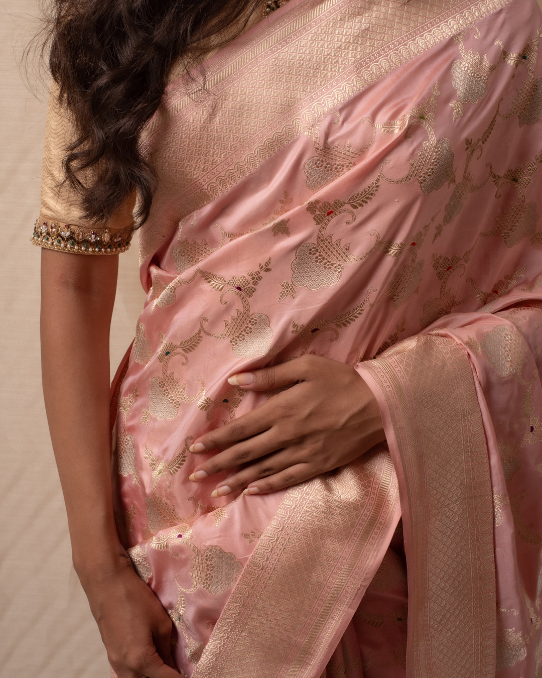 Gulabi Chandi- Nude Pink Silk Brocade Banarasi Saree