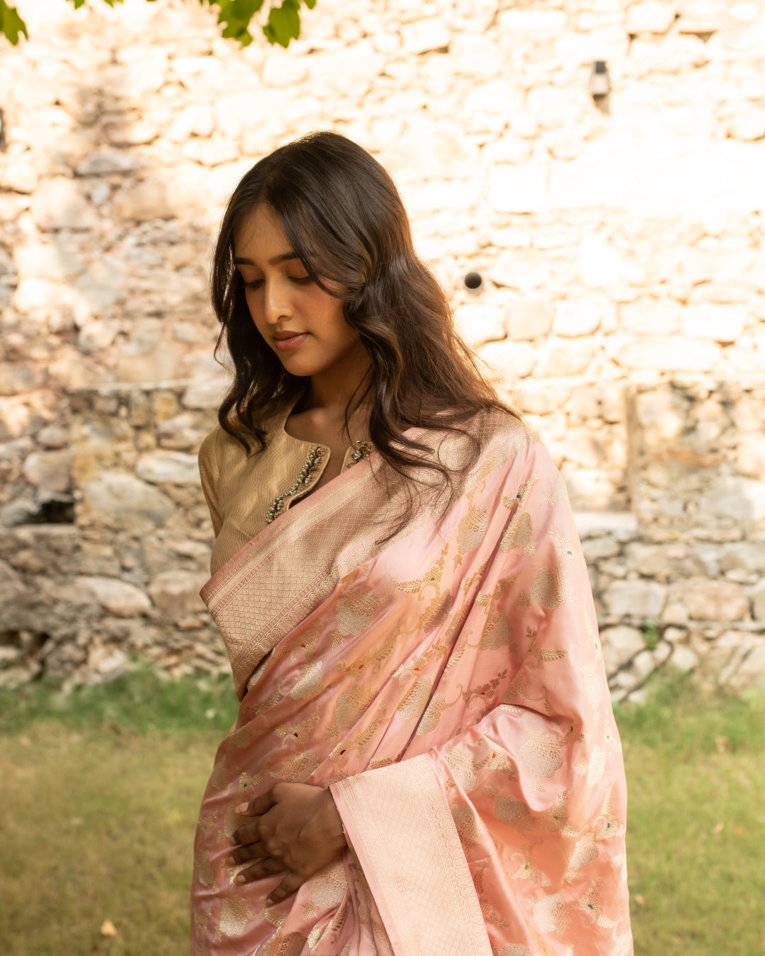 Gulabi Chandi- Nude Pink Silk Brocade Banarasi Saree