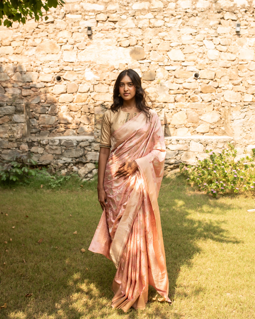 Gulabi Chandi- Nude Pink Silk Brocade Banarasi Saree