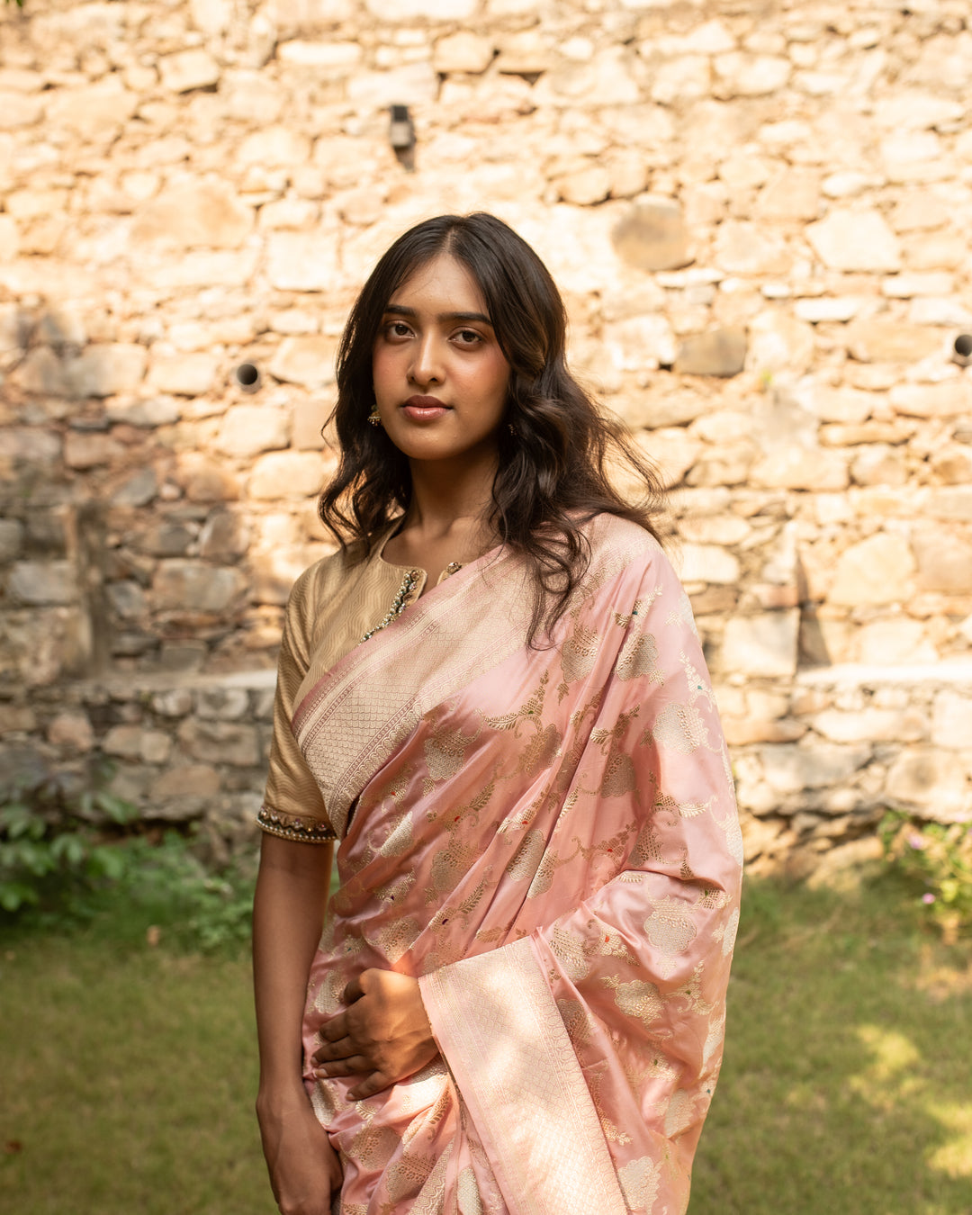 Gulabi Chandi- Nude Pink Silk Brocade Banarasi Saree