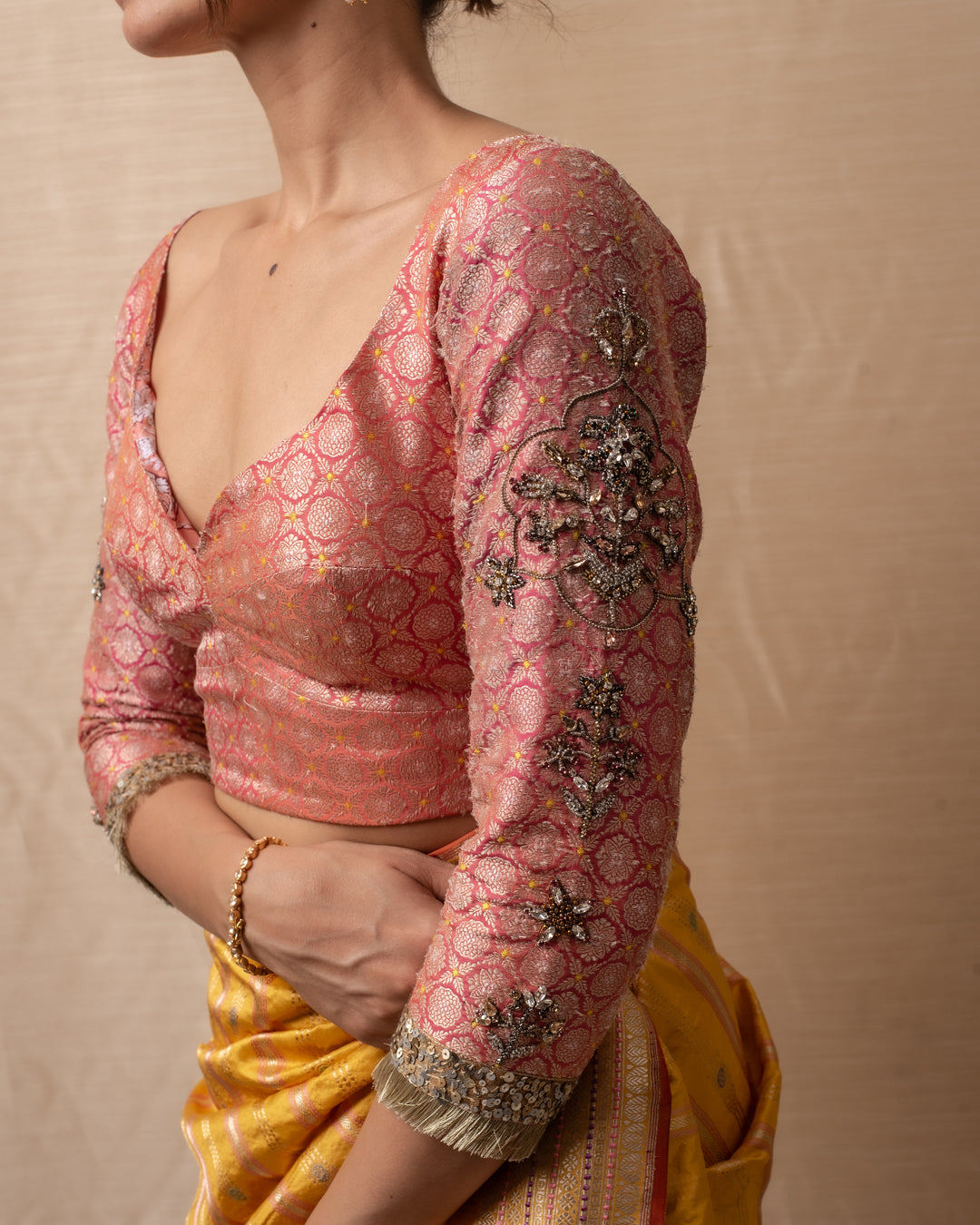 Rukmini- Coral Silk Brocade Blouse