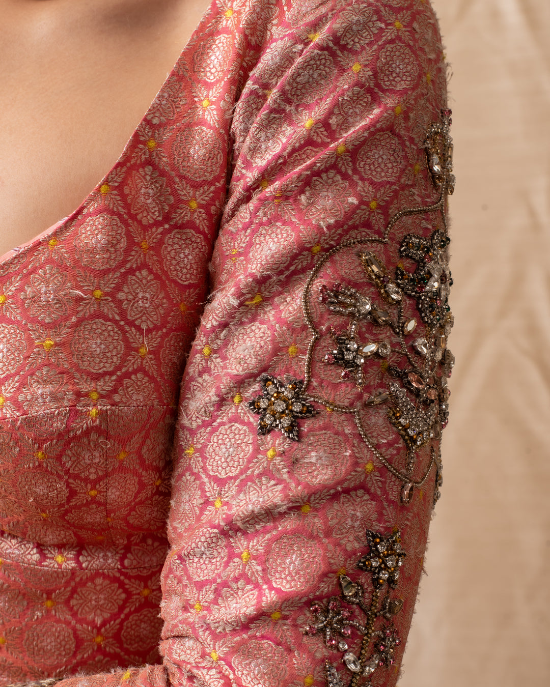 Rukmini- Coral Silk Brocade Blouse