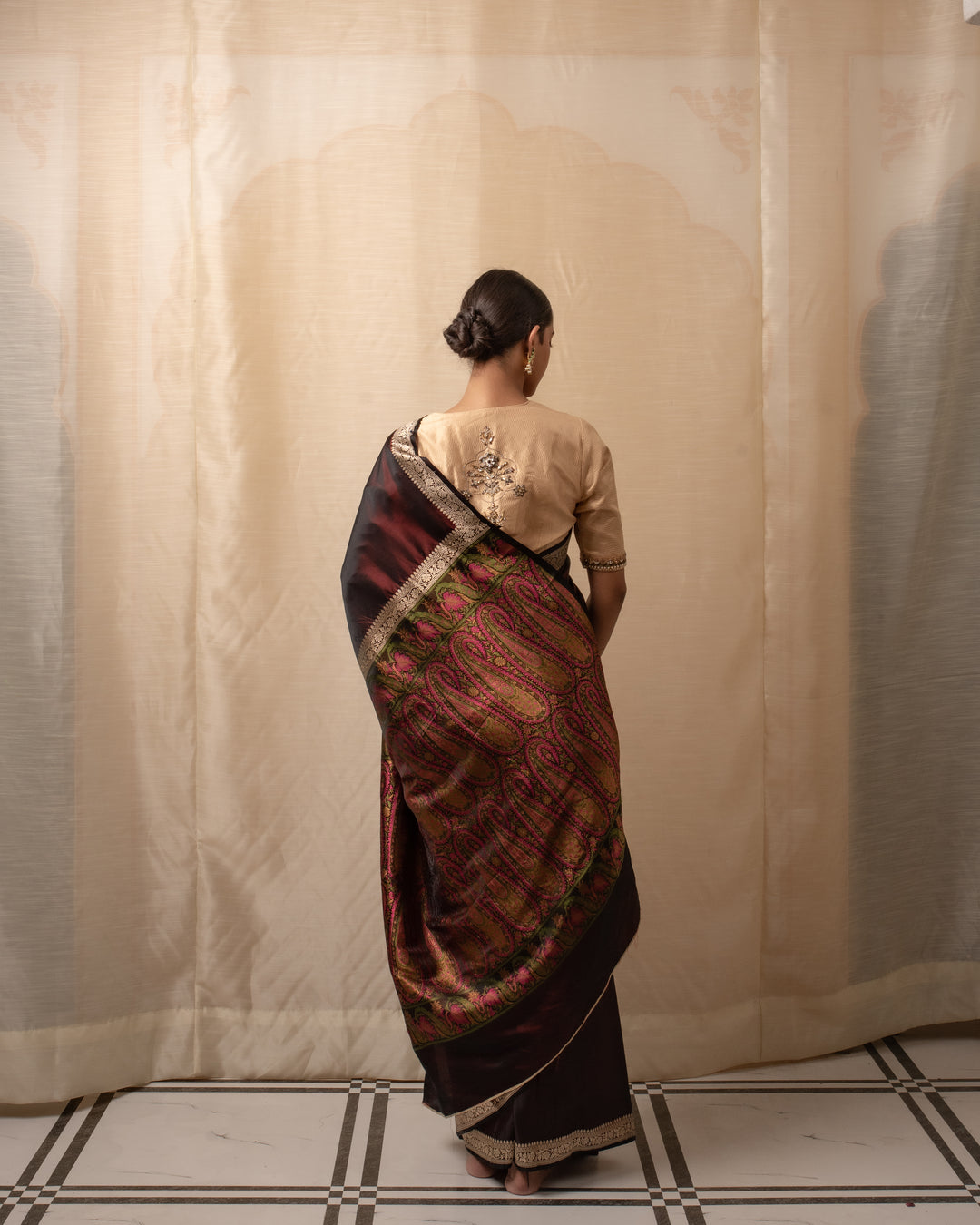 Rukma- Wine Mashroo Silk Banarasi Saree