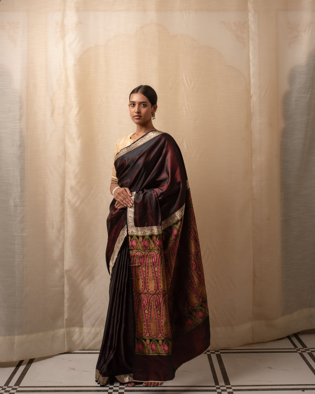 Rukma- Wine Mashroo Silk Banarasi Saree