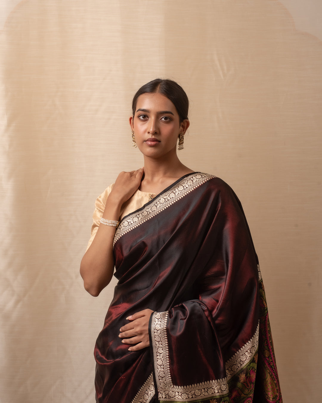 Rukma- Wine Mashroo Silk Banarasi Saree