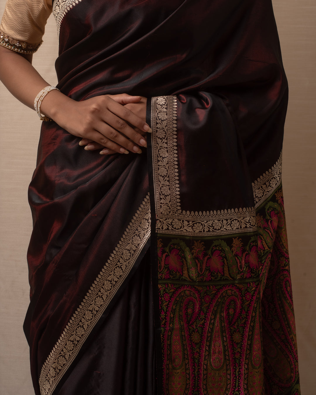 Rukma- Wine Mashroo Silk Banarasi Saree